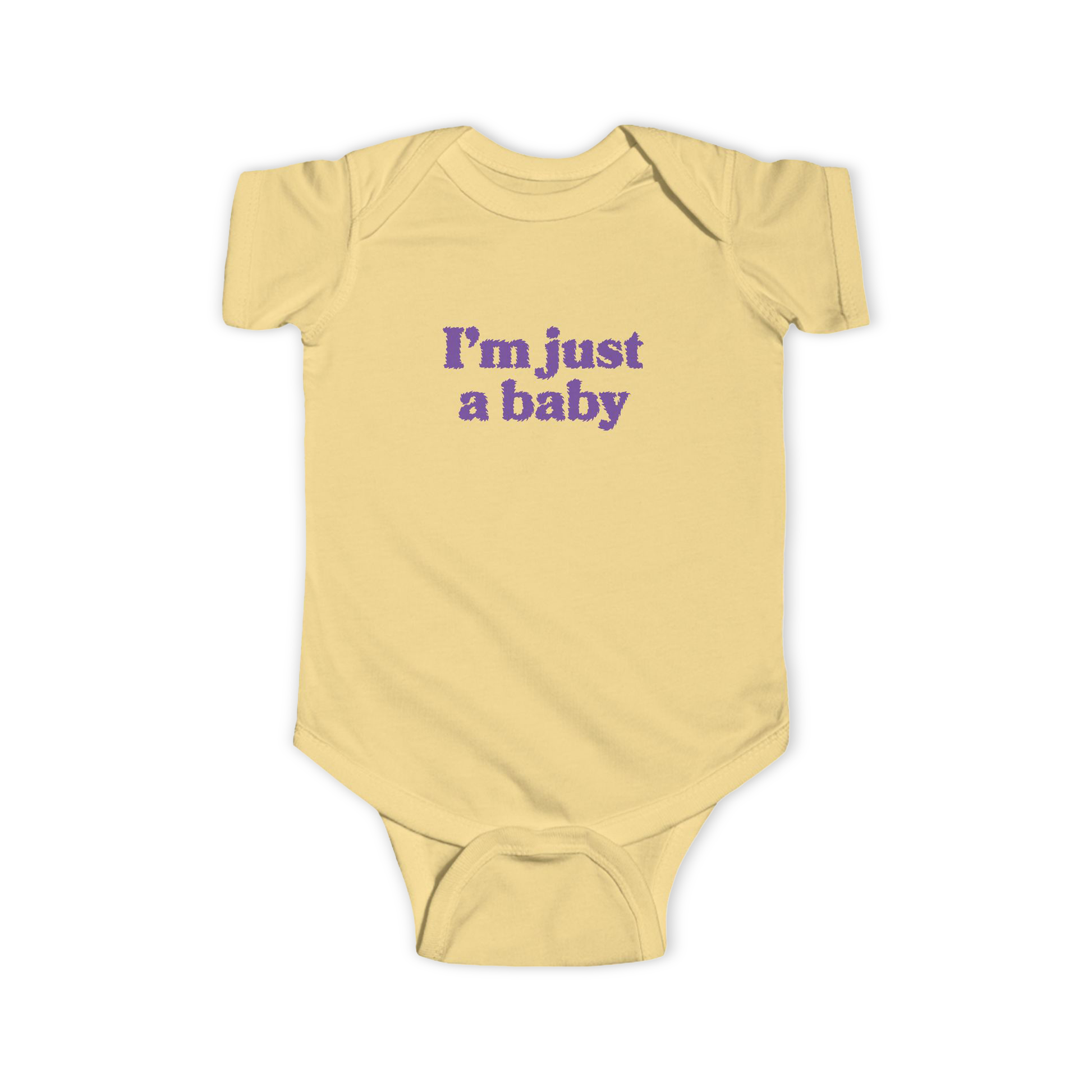 Yellow baby onesie with 'I'm just a baby' text in purple on a white background