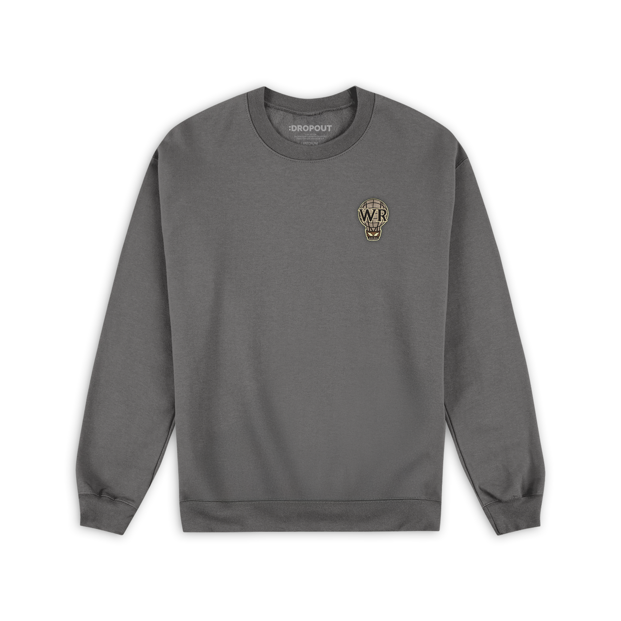 Gray sweatshirt with a logo on the chest against a white background