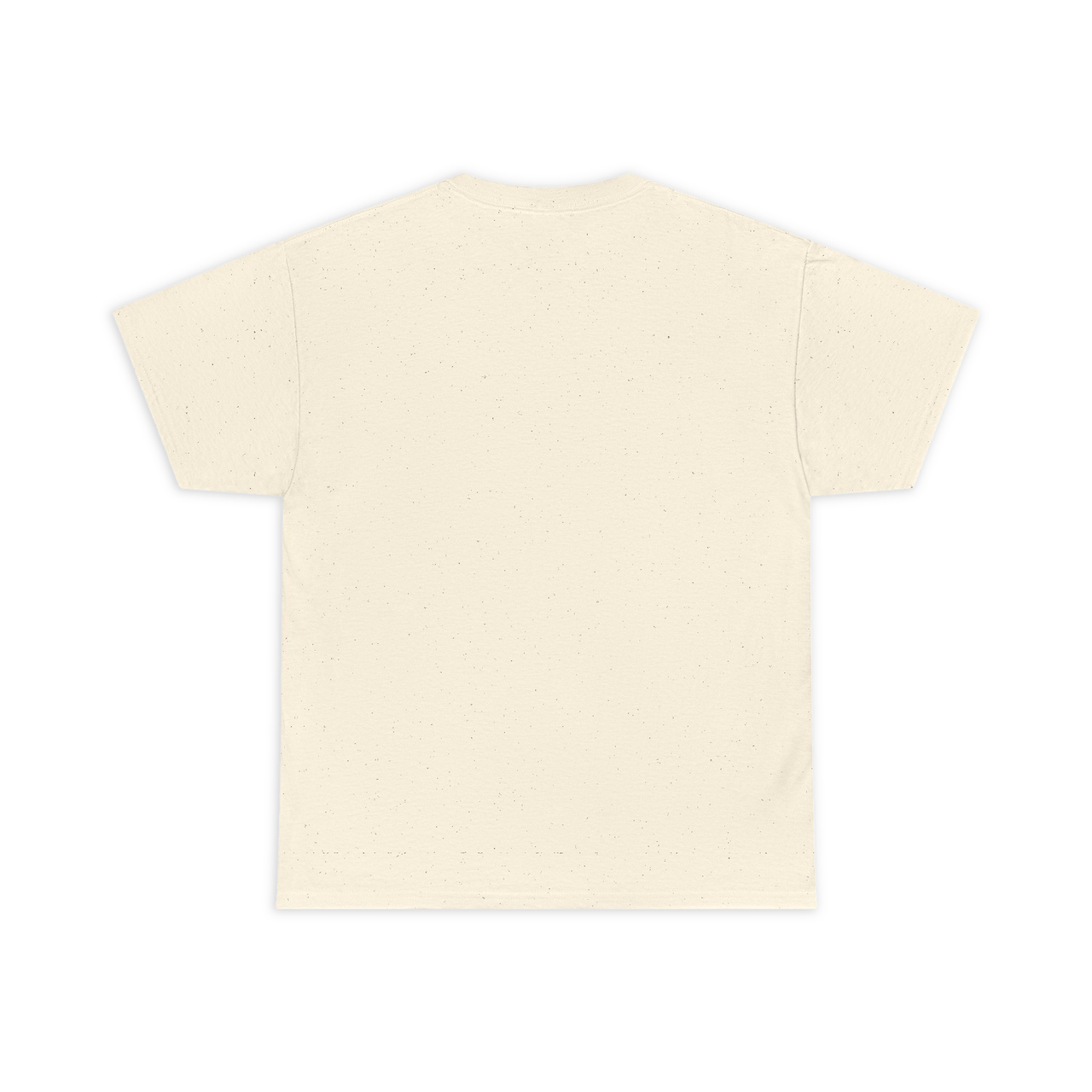 Beige t-shirt with graphic design and brand name on a white background