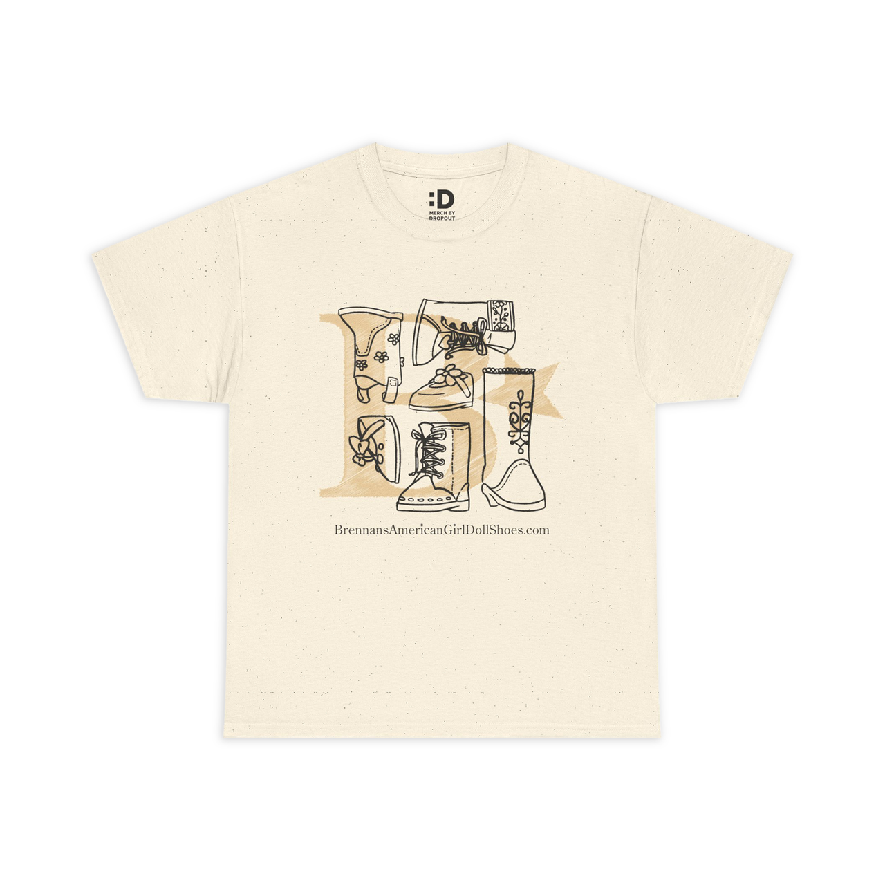Beige t-shirt with graphic design and brand name on a white background