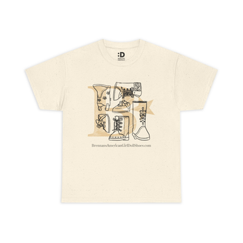 Beige t-shirt with graphic design and brand name on a white background