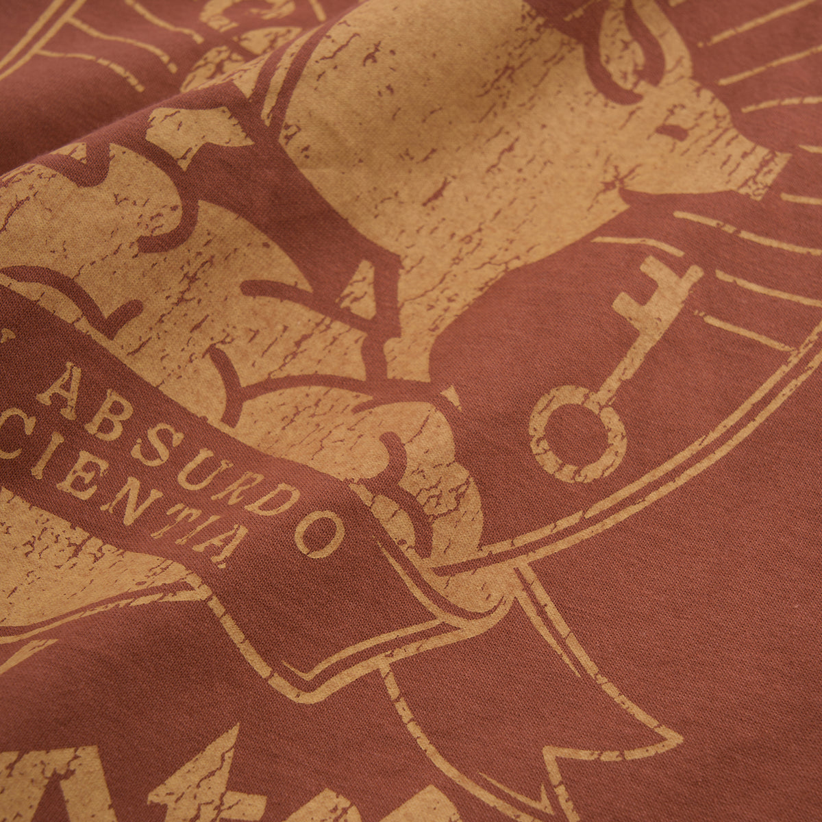 Close-up of a distressed graphic print on a terracotta red fabric, featuring a tan illustration and the text 'ABSURDO SCIENTIA'.